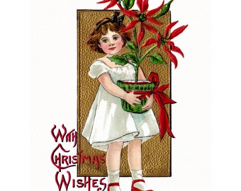 Christmas Card - Girl with Poinsettia Greeting Card - HB Griggs Repro