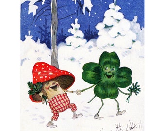 Holiday Card - Lucky Clover and Mushroom Man - Fritz Baumgarten - New Year or Blank