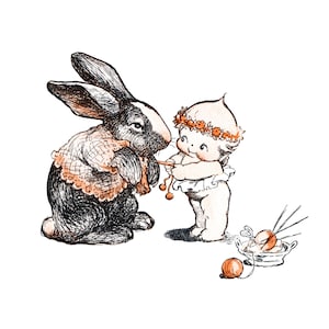Kewpies Card - Kewpie Knits a Sweater for a Rabbit - Bunny Art - Rose O&#39;Neill Artwork