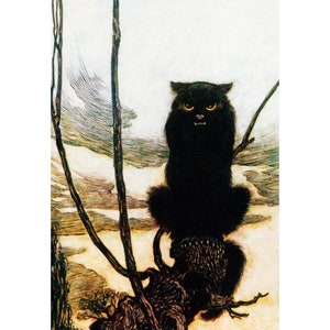 Black Cat Card - Halloween Notecard - Arthur Rackham Artwork