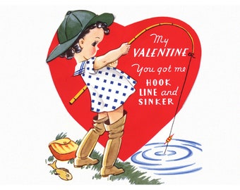 Valentines Day Card Girl in Waders Fishes Hook Line and Sinker