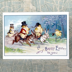 Easter Card Chicks Ride Bunnies as Horses Hunt Scene Sidesaddle Rider image 3