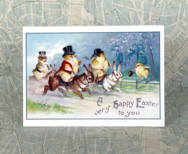Easter Card Chicks Ride Bunnies as Horses Hunt Scene Sidesaddle Rider image 3