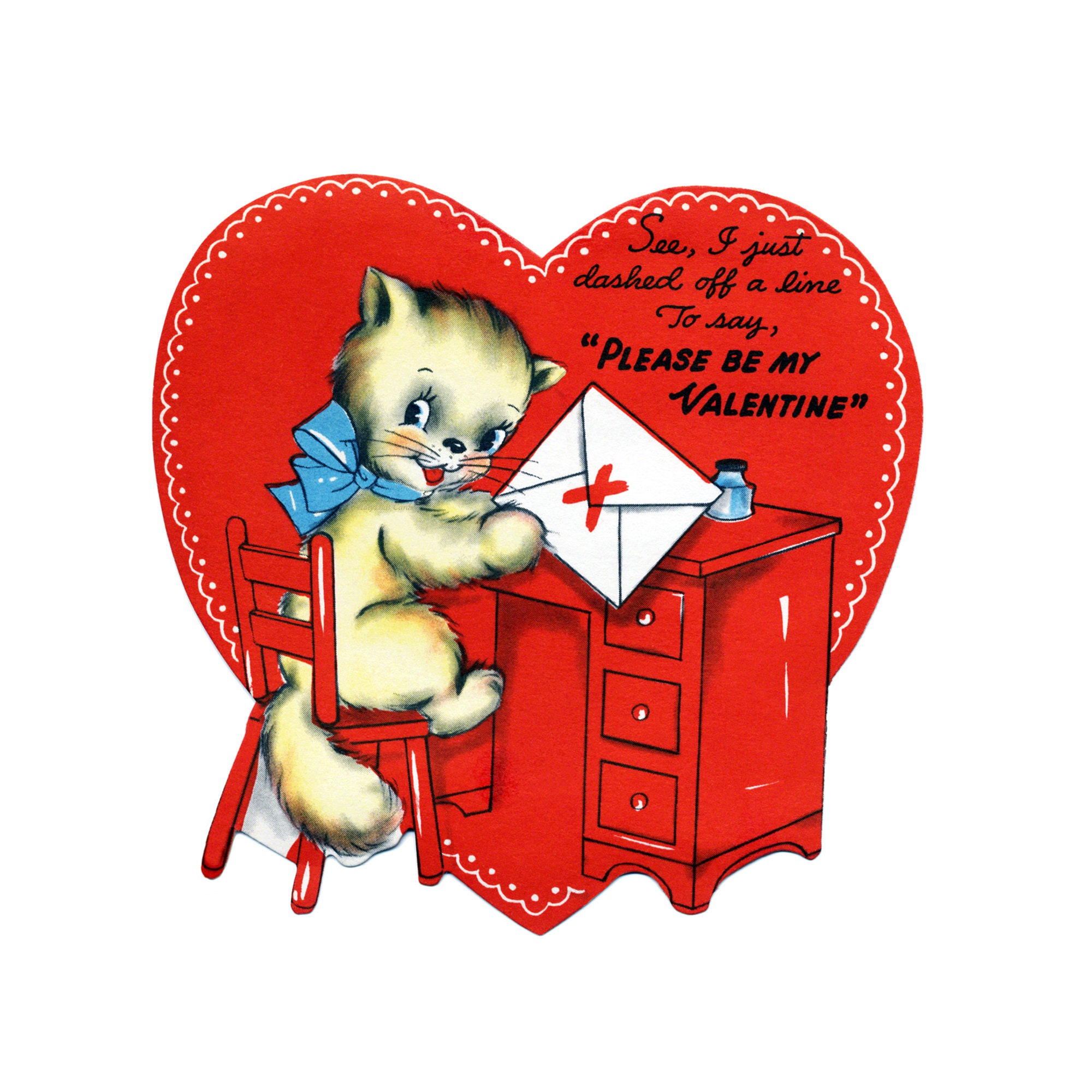 Red Heart Kitten Vintage Valentine’s Day Card | Greeting Card