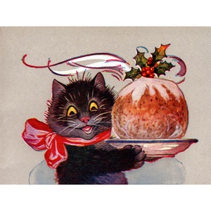 Christmas Cat Card - Kitty with Plum Pudding Greeting Card - Repro Louis Wain