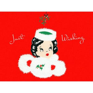 Christmas Card - Girl Under The Mistletoe - Retro Holiday Notecard