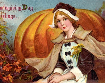 Thanksgiving Day Card - Pilgrim Girl w Pumpkin - Fall Greeting Card