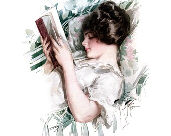 Woman Reads Card - Harrison Fisher Girl Reading Notecard - Repro Vintage Artwork