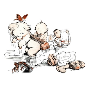 Kewpie Card - Fairy and Frog Help Little Girl with a Bath - Repro Rose O&#39;Neill