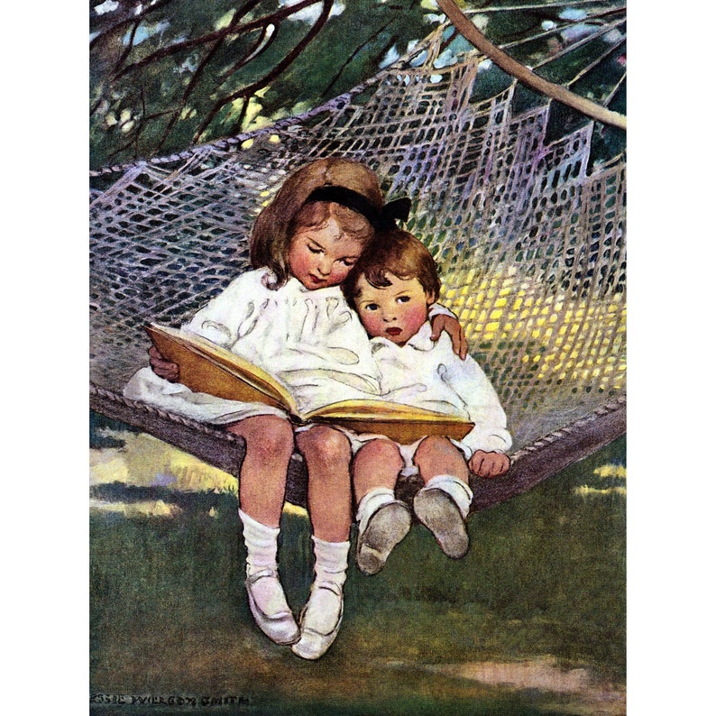 Siblings Read Card Children in a Hammock Reading Notecard Repro Jessie Willcox Smith image 1