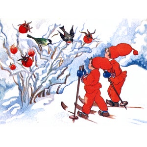 Christmas Greeting Card - Children Skiing Watch Birds Holiday Notecard - Aina Stenberg