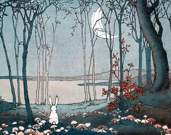 New Moon Bunny Print - Bunny Rabbit in the Woods- Repro Shirley Kite - 5" x 7"