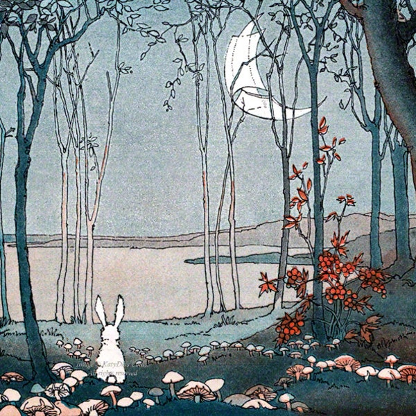 New Moon Bunny Print - Bunny Rabbit in the Woods- Repro Shirley Kite - 5" x 7"