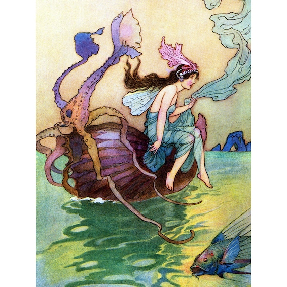Sea Fairy Print Princess Rides Nautilus Shell Repro Etsy France