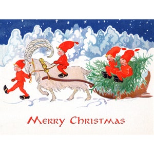 Christmas Greeting Card - Yule Goat and Tomten - Nisse Elves w Jul Goat Sled and Tree - Repro Aina Stenberg