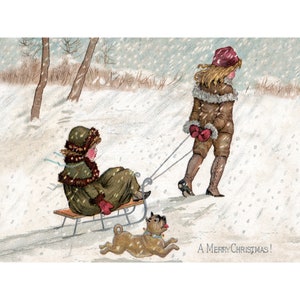 Christmas Card - Pug Dog and Kids with Sled in Snow - Home Decor