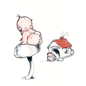 Kewpies Card - Kewpie on a Toadstool Smiles at Pet Toad - Repro Rose O&#39;Neill