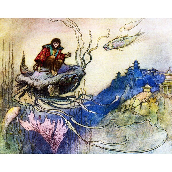 Fairy Tale Card - Monkey Rides a Jellyfish - Warwick Goble Japanese Art