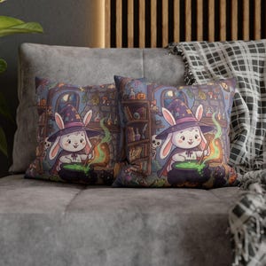 Cute Witch Bunny Pillow, Whimsical Halloween Magic Potion Throw Pillow Case, Cozy Cottagecore Cushion Cover, Fall Bookish Home Decor Gift