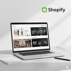 May include: A laptop showcasing a Shopify website with a fashion theme. The screen displays website layouts and product displays. A white book with the word "THEMES" is on the table, alongside a black stylus. The Shopify logo is in the top right corner.