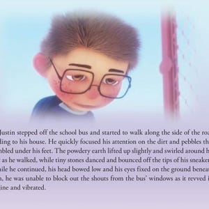 Może przedstawiać: Ilustracja kreskówki przedstawiająca chłopca z brązowymi włosami, okularami i niebieską koszulą. Chłopiec wydaje się patrzeć w dół ze smutnym wyrazem twarzy. Tekst opisuje jego drogę do domu ze szkoły.