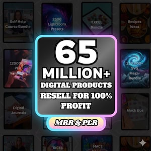 Puede incluir: Gráfico promocional con fondo negro y un cuadrado central con el texto "65 MILLION+ DIGITAL PRODUCTS RESELL FOR 100% PROFIT". Alrededor del cuadrado central hay cuadrados más pequeños con texto como "Self Help Course Bundle" y "2500 Lightroom Presets".