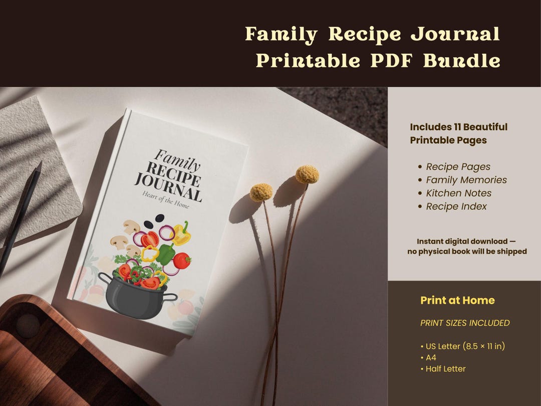 Family Recipe Journal Printable Pages | Cookbook Template, Organizer ...