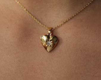 Dainty Star Heart Locket Necklace with Photo