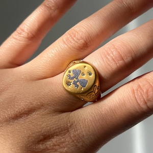 Op de afbeelding: Goudkleurige zegelring met een grillig ontwerp. De voorkant van de ring heeft een centraal beeld van een figuur met sterren en een maan. De ring wordt aan een hand gedragen en het ontwerp bevat een konijn aan de zijkant.