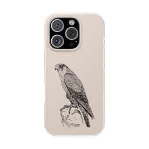 May include: A phone case with a beige background featuring a black and white illustration of a falcon perched on a rock. The case has a clear border and a camera cutout.