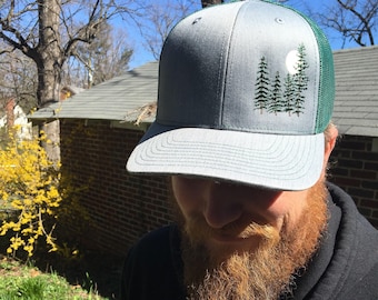 Moonlit Pines trucker hat. Simple, old school, classic, minimalist, embroidered