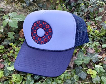 Glaze On handmade Trucker Hat... Baker's Dozen, Infinity Fishman donuts donut. Custom Embroidery