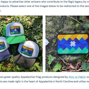 K&ouml;nnte beinhalten: Appalachian Flag-Produkte. Drei Trucker-Caps mit wei&szlig;en Fronten, Mesh-R&uuml;cken und dem Flaggen-Patch. Ein rechteckiger, gestickter Patch der Flagge ist ebenfalls abgebildet. Das Flaggen-Design zeigt einen Stern und eine Bergkette.