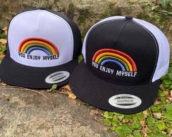 You Enjoy Myself puff/3D rainbow retro trucker hat. YEM