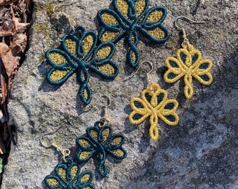 Celtic Knot Clovers - metallic gold thread Embroidered earrings.  Handmade and unique.  Lightweight dangle style. Custom embroidery