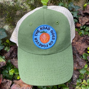 The road goes on forever, handmade iron-on patch or HAT. Eat a Peach. Allman Brothers Band inspired. Trucker, baseball, hemp green hemp