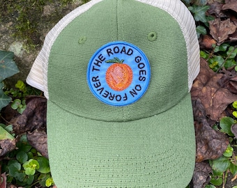 Eat a Peach, Allman Brothers Inspired Trucker Hat: Handmade Embroidered Peach Patch, The Road Goes on Forever