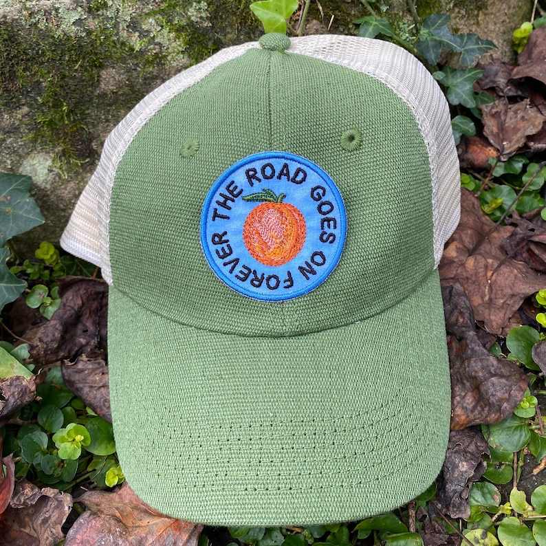 The road goes on forever, handmade iron-on patch or HAT. Eat a Peach. Allman Brothers Band inspired. Trucker, baseball, hemp green hemp