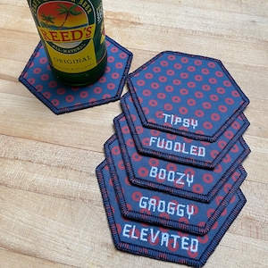 Handmade Fluff&#39;s Travels Phish inspired hexagon coasters, cocktail napkin, bar ware. Set of 5 or 6. Fishman donuts. Custom embroidery.