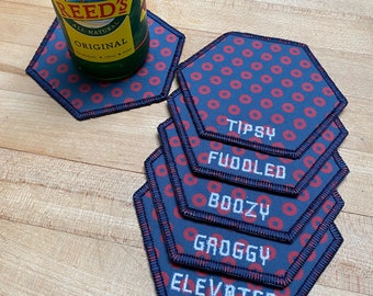 Handmade Fluff's Travels Phish inspired hexagon coasters, cocktail napkin, bar ware. Set of 5 or 6. Fishman donuts. Custom embroidery.