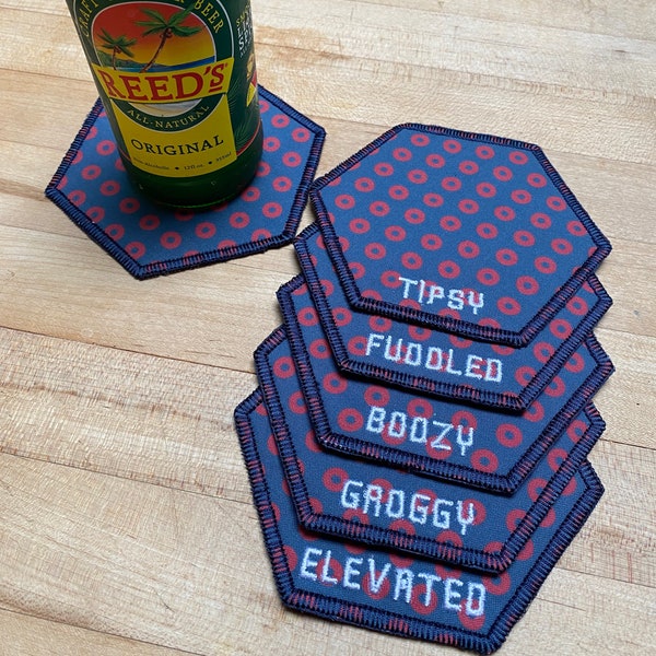 Handmade Fluff's Travels Phish inspired hexagon coasters, cocktail napkin, bar ware. Set of 5 or 6. Fishman donuts. Custom embroidery.