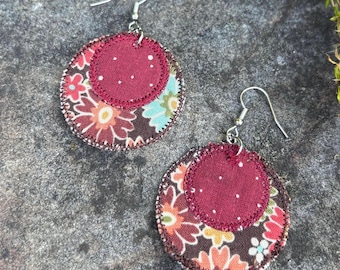 Upcycled Autumn Floral Circles handmade earrings. Eco, Slow Fashion. OOAK