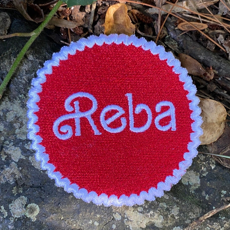 Reba handmade iron on patch. Custom Embroidery Red
