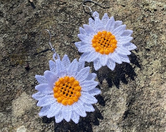 Daisy Embroidered earrings.  Handmade and unique.  Lightweight dangle style. Custom embroidery