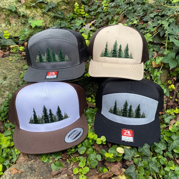 Pine Forest Trucker Hat. Embroidered 