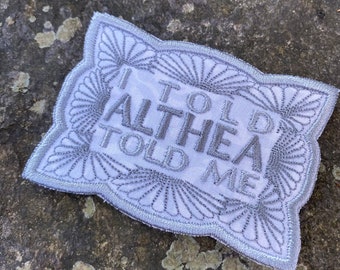Althea handmade iron on patch. Custom embroidery.