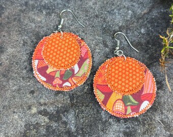 Upcycled Retro Mushrooms Circles handmade earrings. Eco, Slow Fashion. OOAK