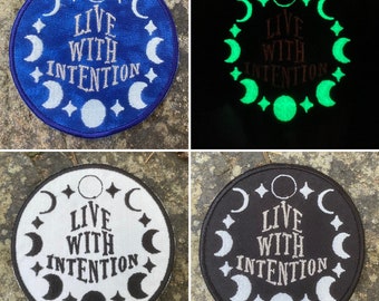 Moon Phases iron on Patch: Live with Intention, Glow in the Dark, Upcycled