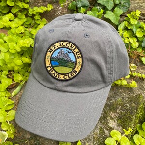 Mt. Icculus Trail Club handmade iron on patch SOFT FRONT hat, hemp, classic dad cap. The Lizards. solid grey dad