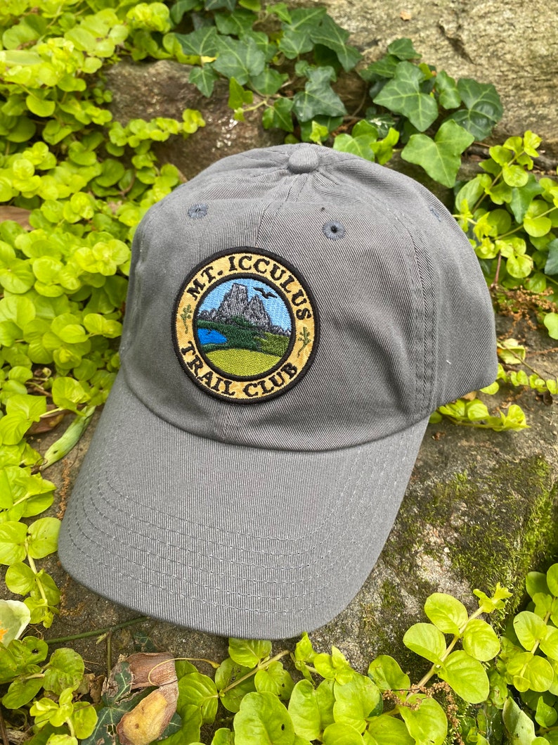 Mt. Icculus Trail Club handmade iron on patch SOFT FRONT hat, hemp, classic dad cap. The Lizards. solid grey dad